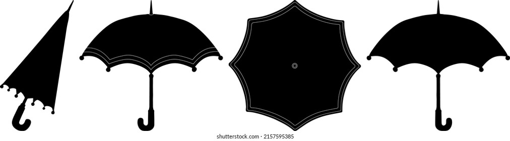set of umbrellas isolated black vector illustration silhouette hand drawing sketch