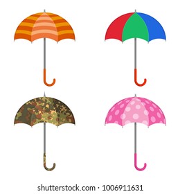 A set of umbrellas on the white isolated background.Beach, multi-colored, darling, camouflage the opened umbrellas.Elements for design. A vector illustration in flat style.