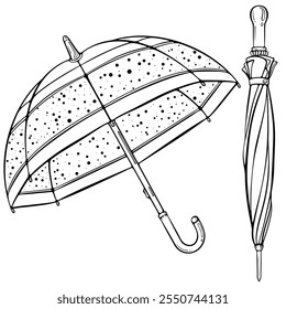 Set of umbrellas open and closed. Autumn, spring protecting accessories. Rainy weather parasol. Vector illustration in hand drawn sketch doodle style. Line art isolated on white for coloring book