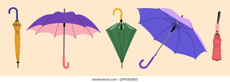 Set of umbrellas. Opened, closed and folded umbrellas or parasols. Accessories for rainy weather. Hand drawn vector illustration isolated on light background, modern flat cartoon style.