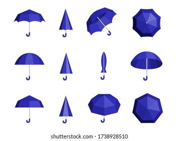 Set of umbrellas and parasols in various positions vector illustration. Open and folded blue brolly flat style. Equipment to protect from rain. Isolated on white background