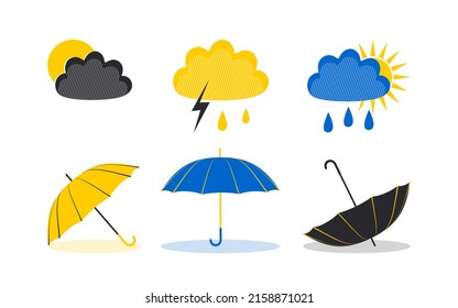 Set of umbrellas and rainy weather clouds. Rainy season symbols isolated on white background. Vector.