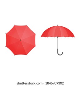 Set of Umbrellas. Red umbrella Top and Front View. Opened Parasols icon isolated on white background. Vector illustration EPS 10.