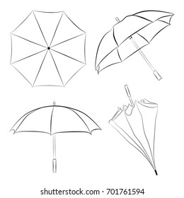 Set umbrellas sketches  Doodle style umbrellas vector illustrations  Vector umbrellas isolated white background  Hand  drawn umbrella and view from different sides 
