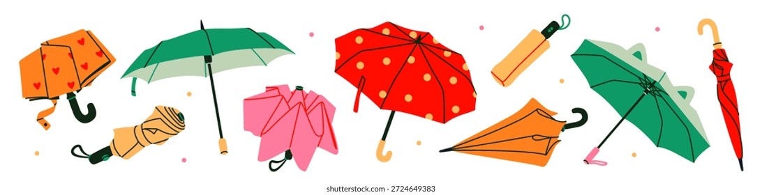 Conjunto de paraguas. Pegatinas con paraguas de diferentes colores en posiciones abiertas, cerradas y dobladas. Accesorios de protección contra la lluvia con asas. Colección de Ilustración vectorial plana aislada sobre fondo