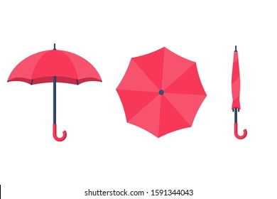 Set of umbrellas. Top view, front and folded umbrella. Rain protection on white background isolated. Flat design style. For web design, mobile applications, and printing.Vector illustration.