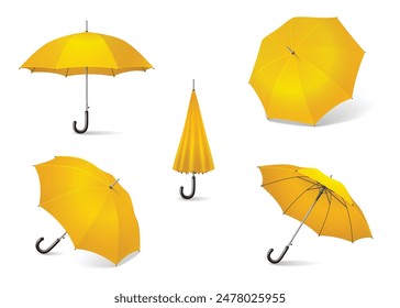 Set of umbrellas. Umbrella icon vector set. Set of yellow color umbrella illustrations. Yellow isolated and realistic umbrella.