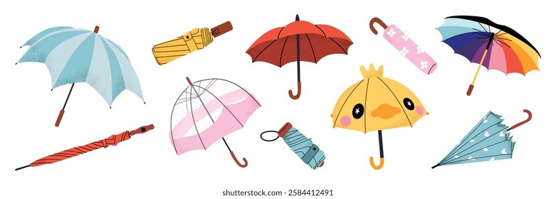 Set of umbrellas in various styles: transparent, folded, classic, rainbow. Cute rain accessories for autumn and spring. Weather protection, rainy season essentials. Flat vector illustration isolated.