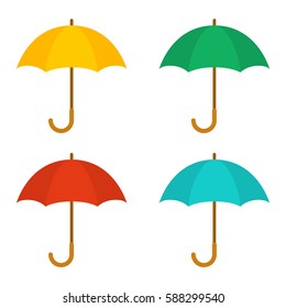 Set of umbrellas. Yellow, green, red and blue umbrellas. Vector flat icon