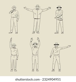 Set of umpire poses, action outline vector illustration.