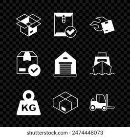 Set Unboxing, Envelope and check mark, Carton cardboard, Weight, Forklift truck, ackage with and Warehouse icon. Vector