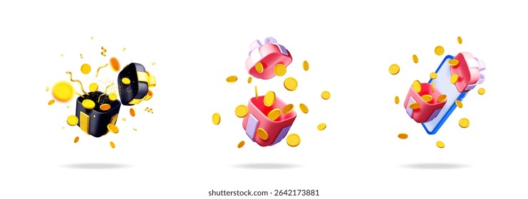 Set of unboxing a gift box with a present and a surprise. Cashback concept with money and coins flying out. Reward, bonus.
