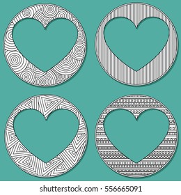 Set of uncolored 4 heart shaped frame in zen art style with place for the text or photo. Wedding cards, Valentines day.