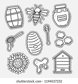 Set of uncolored honey stickers or patches isolated on grey background.