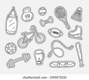Set of uncolored sport doodle stickers isolated on grey background.