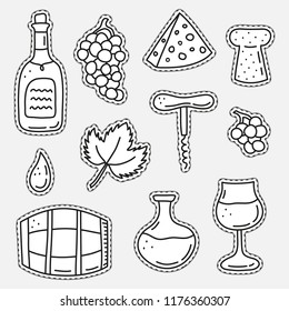 Set of uncolored stickers or patches with wine icons isolated on grey background.
