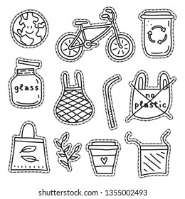 Set of uncolored stickers or patches with zero waste icons isolated on white background.