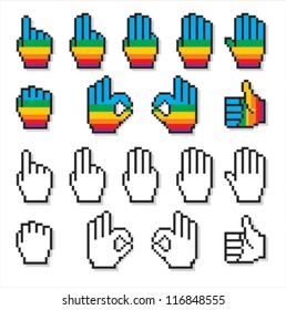 Set of uncommon cursor hands in rainbow colors plus black and white.