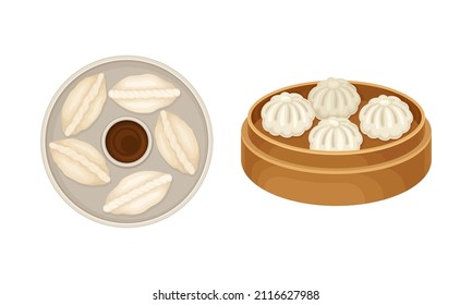 Set of uncooked dumplings on plate and wooden board. Dough stuffed with meat or vegetables vector illustration
