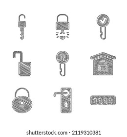 Set Undefined key, Door handle, Password protection, House under, Lock, Open padlock, Key and Unlocked icon. Vector