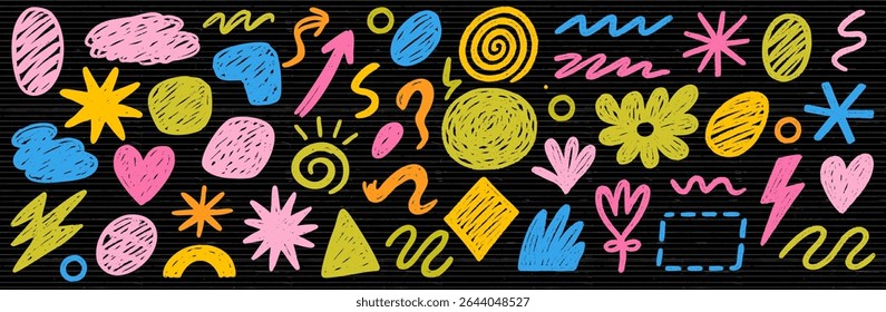 Conjunto de rabiscos ímpares indefinidos, ilustrações vetoriais com divertidos elementos de giz de cera. Kit desenhado à mão.