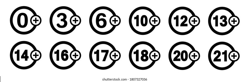 Set of under 18 and other age not allowed sign, number eighteen in red crossed circle