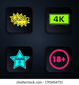 En menos de 18 años, Bang boom globo de burbuja de texto, paseo de fama de Hollywood estrella en el boulevard de celebridades y TV de pantalla con tecnología de video Ultra HD de 4k. Botón cuadrado negro. Vector