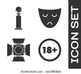 Set Under 18 years, Trophy Golden Globe , Movie spotlight  and Drama theatrical mask  icon. Vector