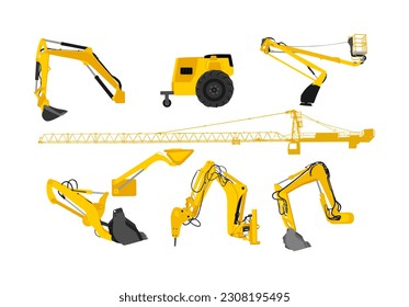 Set of under construction equipment extension for bulldozer, wheel loader vector illustration isolated on white. Crane digger excavator dozer. Building machine bager. Motor grader. Road asphalt paver.