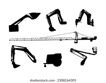 Set of under construction equipment extension for bulldozer, wheel loader vector silhouette isolated on white. Crane digger excavator dozer. Building machine bager. Motor grader. Road asphalt paver.