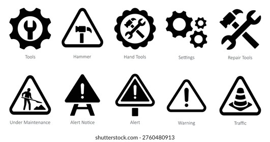Conjunto de iconos en construcción como reparación de Configuraciones