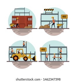 Set of under construction icons, workers and machinery, buildings and hard work. vector illustration graphic design