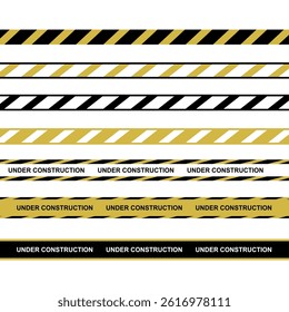 Set of under construction tapes, striped black white and yellow, security tape accident, attention crime, illustration of line police, barrier set warning, ribbon scene stripe vector