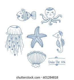 set under the sea animals, hand drawn style, blue line