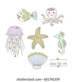 set of under the sea animals, pastel, hand drawn style