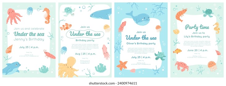 Set of under the sea birthday invitations templates. Kids party banner design with border of cute ocean animals, fish, dolphin, shrimp, octopus. Cartoon characters frame. Vector illustration.