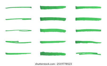 Conjunto de sublinhado, realce, linhas e listras desenhadas à mão por marcador verde. Coleção de linhas texturizadas com estilo transparente. Elementos de design gráfico vetorial isolados no plano de fundo branco