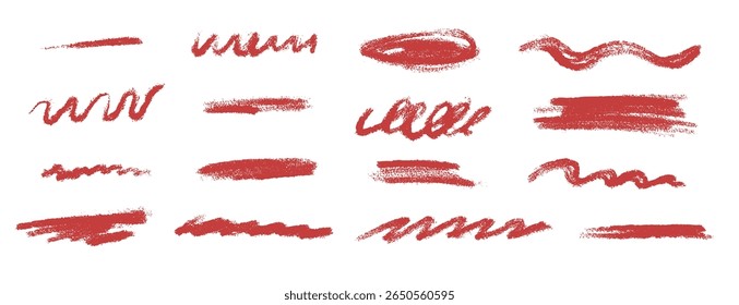 Set of underline highlight stroke in red color drawn with crayon or chalk pencil texture. Sketch cross lines