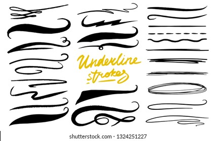 Set of underline. Marker Brush, artistic lines and strokes. Collection of Chaotic grunge Elements. Doodle Style. Engraved Hand drawn sketch.