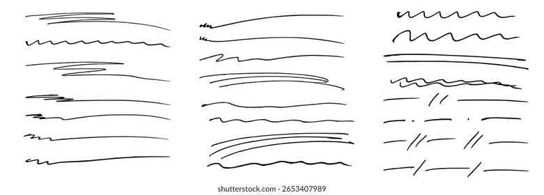 Conjunto de sublinhados e linhas de ênfase com marcador preto. Traços desenhados à mão. Realce de nota. Elemento de ênfase manuscrito de sublinhado. Ilustração vetorial.