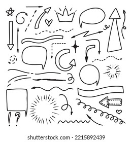 Set of underlines, arrows and frames in doodle style. Vector illustration. Collection of hand drawn elements for highlighting.