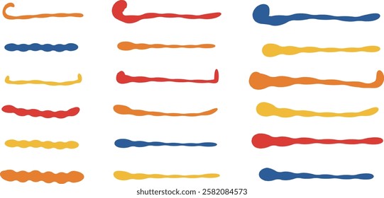 Set of underlines with colorful hand-painted decorations. Vector illustration isolated on a transparent background.