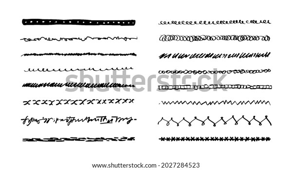A set of underlines. Hand-drawn lines of
different shapes. Vector stock illustration of borders, frames,
highlights isolated on white
background.