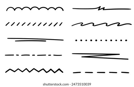 A set of underlines, strikethrough, dividers, partitions, borders drawn by hand with a marker. Straight, wavy, dotted free lines on a white background. Vector set of highlighters for text decoration