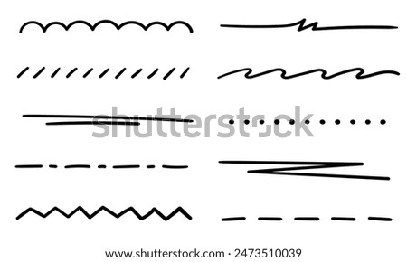 A set of underlines, strikethrough, dividers, partitions, borders drawn by hand with a marker. Straight, wavy, dotted free lines on a white background. Vector set of highlighters for text decoration