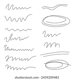 Set of underlines and strikethrough, scribble emphasis lines, crazy hatches, ovals. Each element is united and isolated. Hand drawn style.