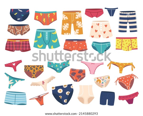 Set of Underpants for Men and Women,\
Slimming or Swimming Underwear Design. Trunks, Briefs and Panties.\
Male or Female Colorful Everyday Clothes, Underclothes, Garment.\
Cartoon Vector\
Illustration