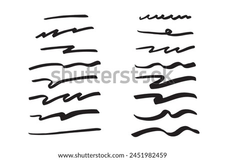Set of underscores. Collection of brush stroke markers. Hand drawn doodle illustration. Vector.