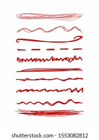 Set of underscores drawn by hand. Collection of rough underlines. Sketch, doodle, scribble. Vector illustration.