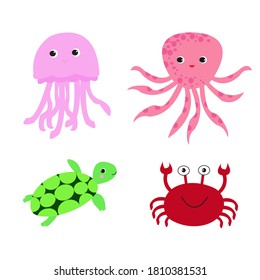 Set Undersea Animal Cartoon Illustration Vector